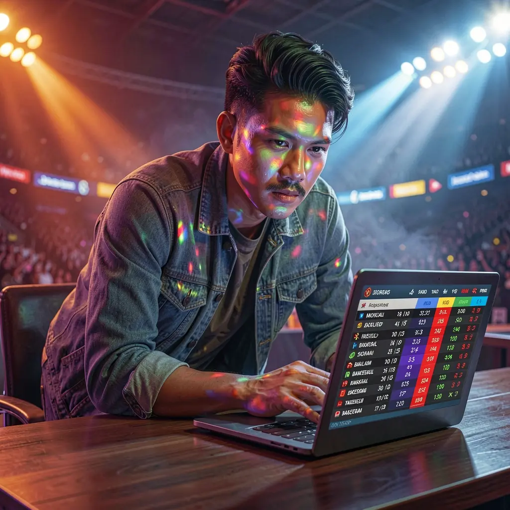 Focused Filipino bettor using a laptop to place live basketball bets with real time odds during an intense match atmosphere on DDPH