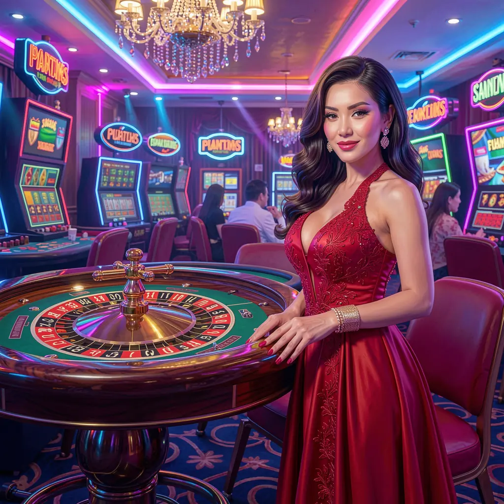 Elegant woman in a flowing red dress standing by a glowing roulette wheel in a vibrant casino atmosphere representing the luxury gaming experience at DDPH for players in the Philippines